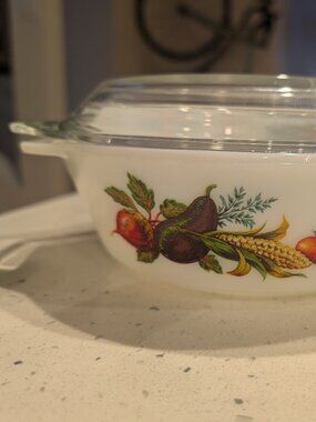 Vintage JAJ Pyrex Milk Glass Casserole Dish - Harvest Vegetable Pattern
